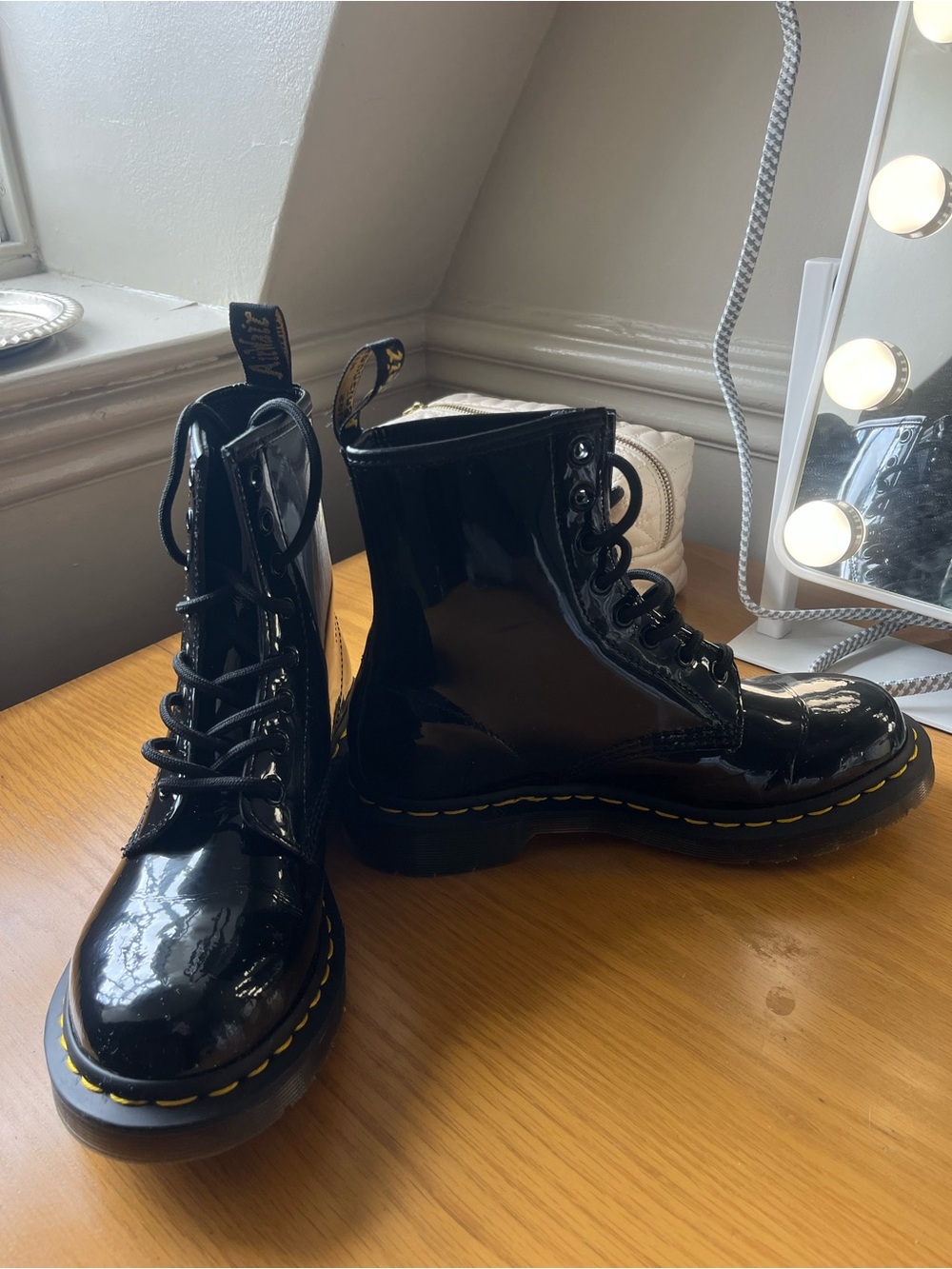 Dr. Martens Size 7 Black Patent Leather Lace-Up Boots with Yellow Stitching